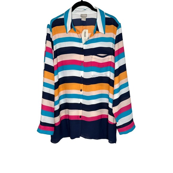 Chico's Tops - NWT Chicos Womens Striped Miri Colored Blouse 2(12/14) Button Front Semi Sheer
